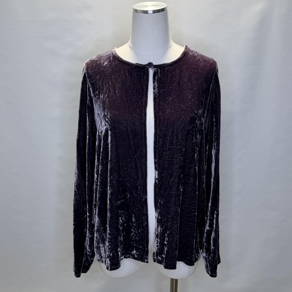 Eileen Fisher Cardigan Womens Medium Purple Crushed Velvet Silk Blend Open Front